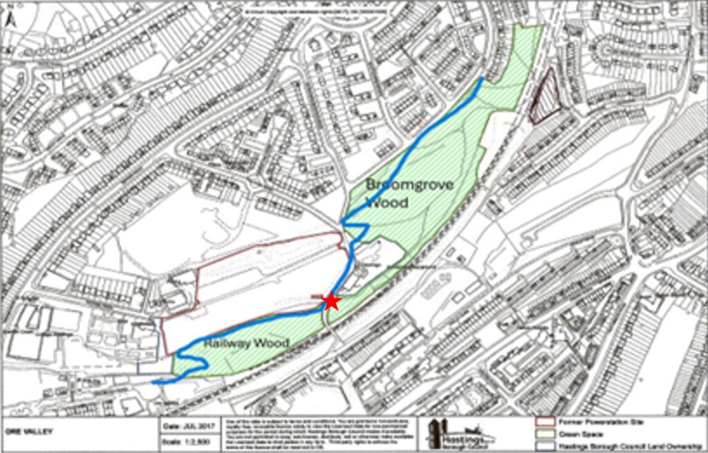 Map of Broomgrove woods, showing entry point to woodland